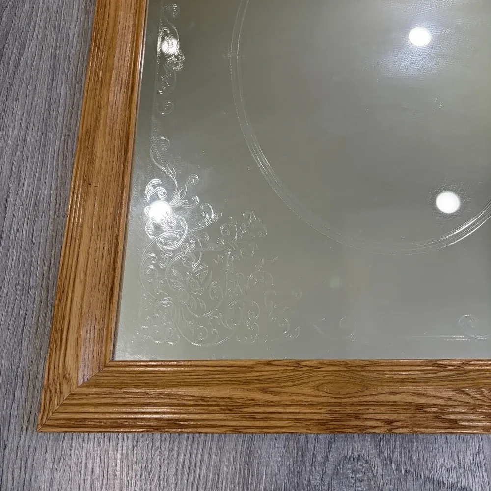 Vintage Etched Mirror Oak Frame Rectangle art wall Cottage granny core 23